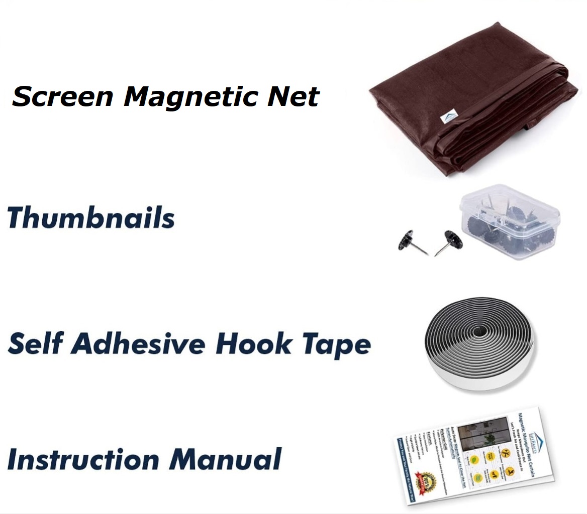 Kinaxy package with magnetic screen net, thumbnails, self-adhesive hook tape and instruction manual
