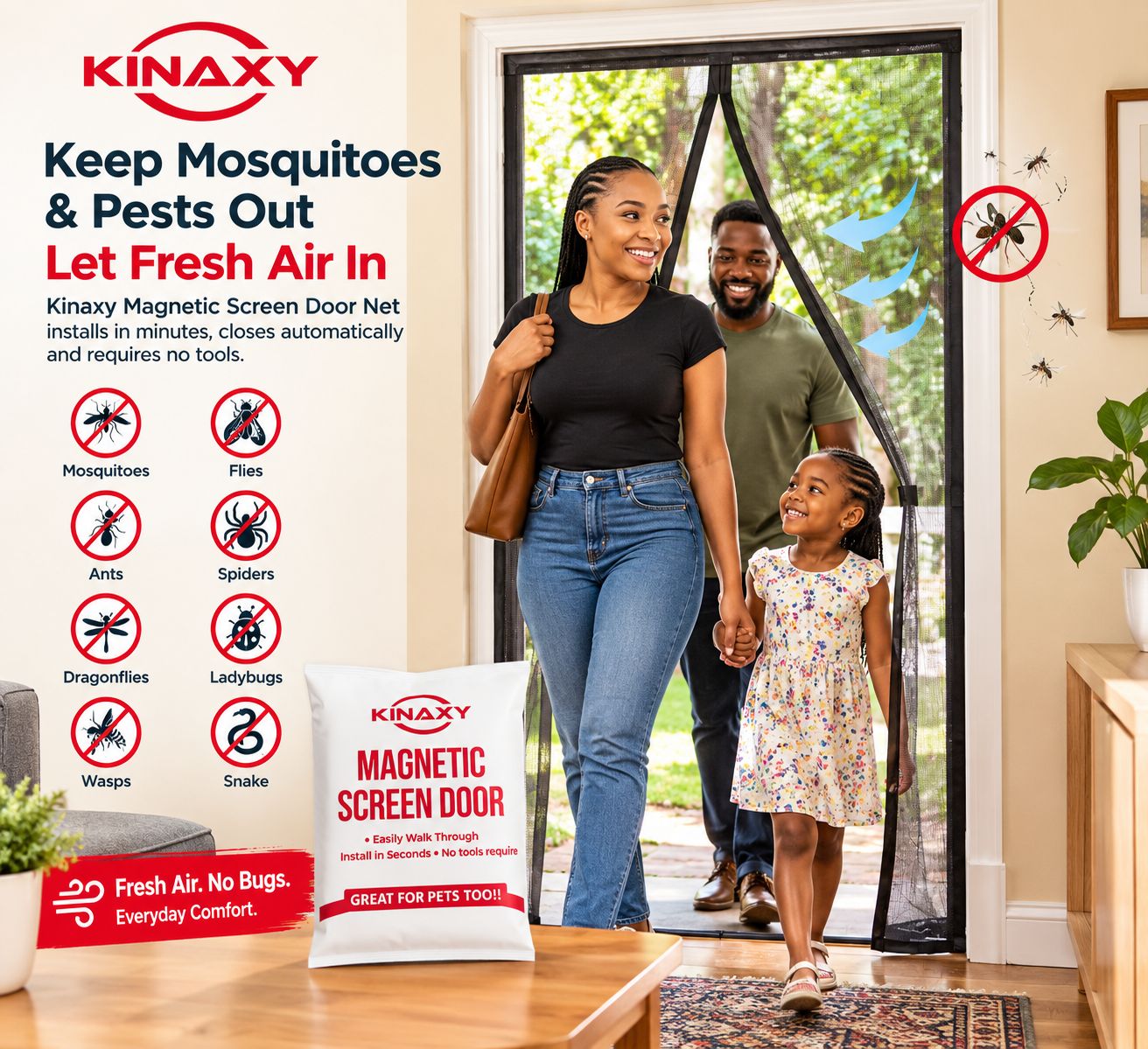 Kinaxy magnetic door net installed indoors